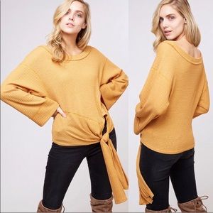 Side tie mustard yellow waffle knit top